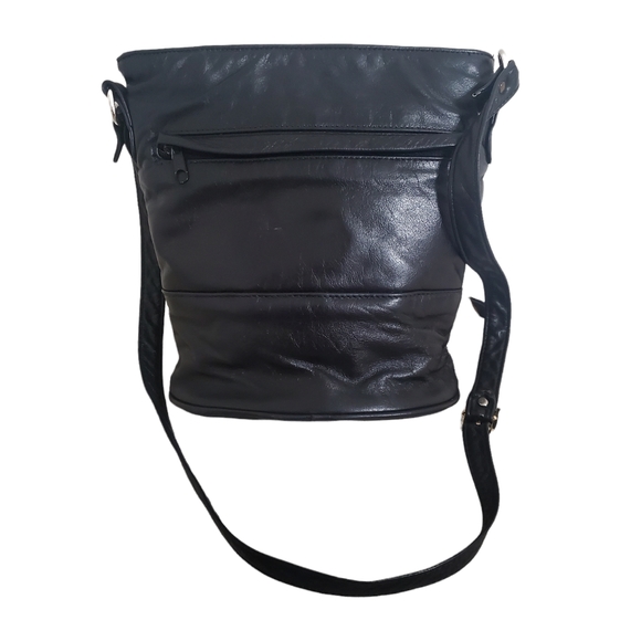 VINTAGE 80's Black Genuine Leather Gold Studded Lion Bucket Crossbody Bag Purse - Picture 5 of 7